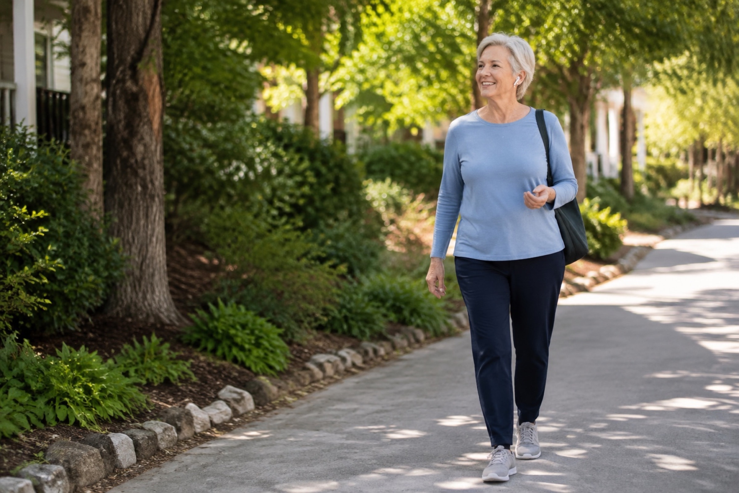 An older woman enjoying a walk in her neighborhood