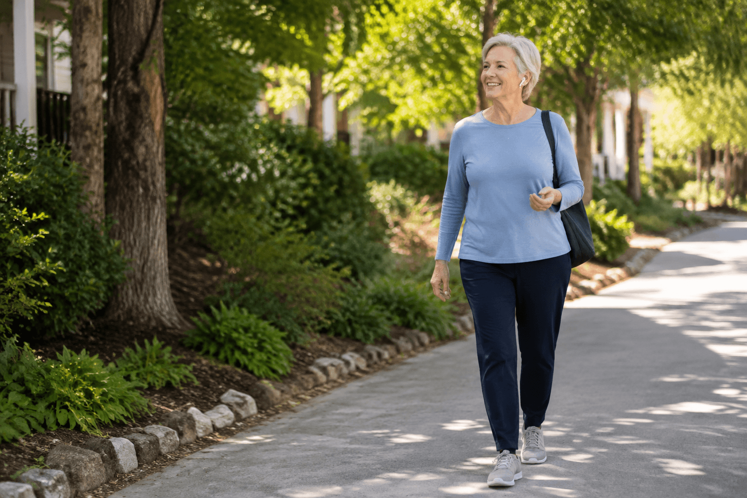An older woman enjoying a walk in her neighborhood